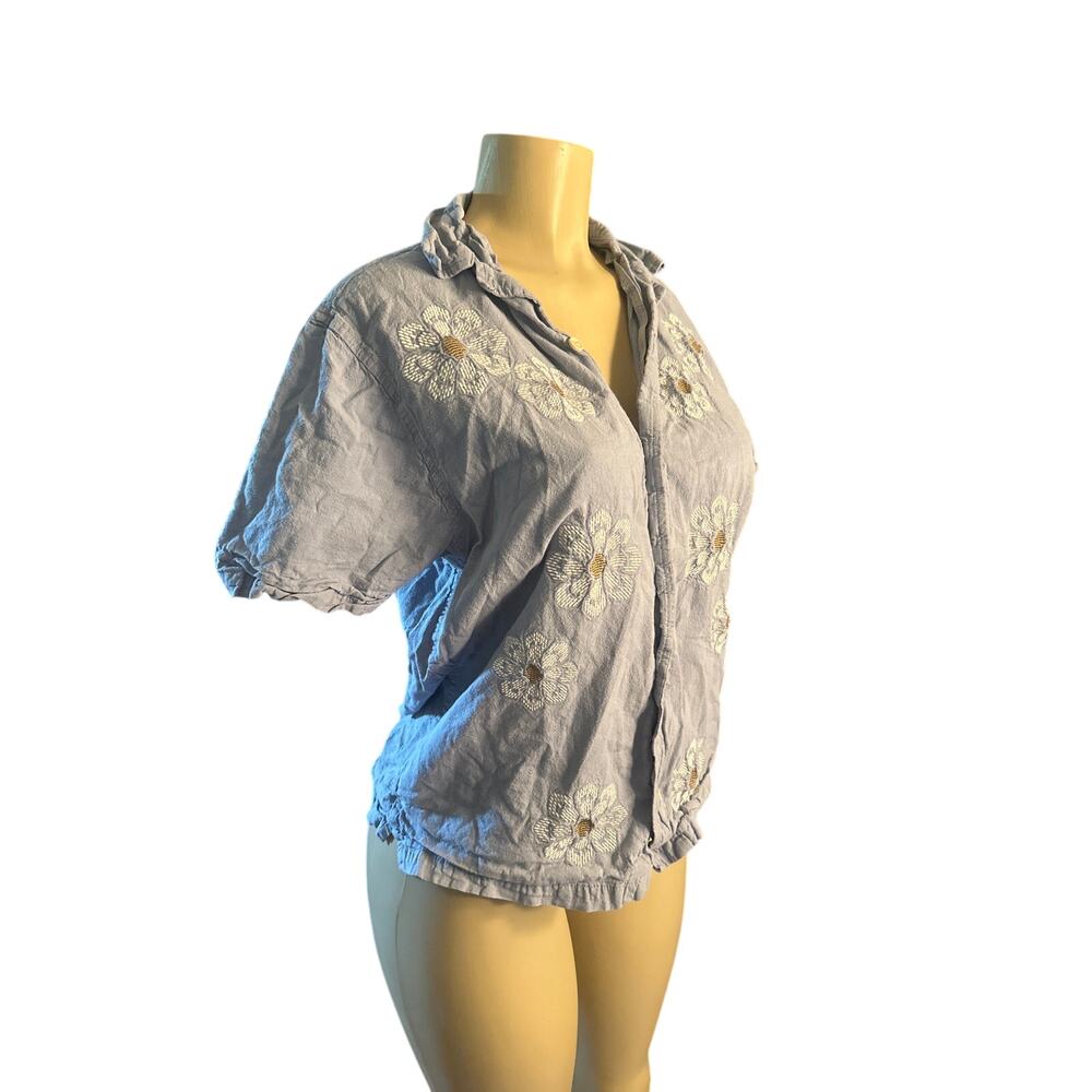 Women S Folk Clothing Blue Blouse Shirt Top Button Embroidered Floral Short Slv